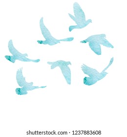 isolated, flock of flying birds, watercolor blue silhouette