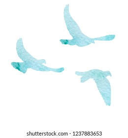Isolated, A Flock Of Flying Birds, Watercolor Blue Silhouette Of Pigeons