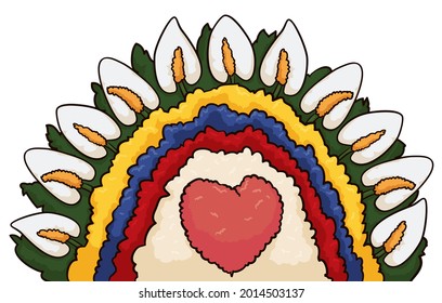 Isolated floral arrangement decorated with white anthuriums, leaves, heart shape and Colombian flag made with flowers over white background.