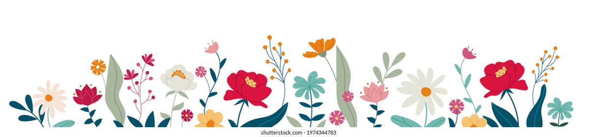 Isolated floral banner on white background. Decorative backdrop with spring leaves and flowers. Flat color hand drawn style. Design for card, print, social media, flyer. Botanical vector illustration.