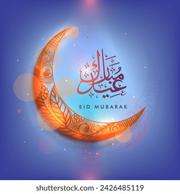 Isolated Floral Curved Moon with Eid Mubarak Arabic Calligraphy on Blue Light Effect Background for Muslim Community Festival Celebration Concept.