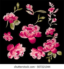Isolated floral elements on a black background. Immitation embroidery.