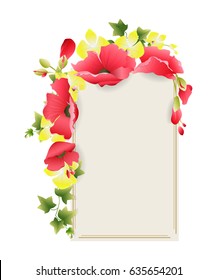 Isolated floral frame on white background. Element of decoration. Red and yellow flowers.