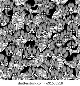 Isolated floral hand drawn paisley seamless pattern. Black background wallpaper illustration with vintage white paisley flowers, striped line art curve leaves, floral ornaments. Trendy vector texture.