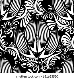 Isolated floral hand drawn seamless pattern. Black  background wallpaper illustration with vintage white striped  paisley flowers,  line art curve leaves and luxury ornaments. Trendy vector texture.