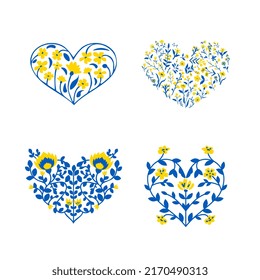 Isolated floral hearts in Ukrainian flag colors.