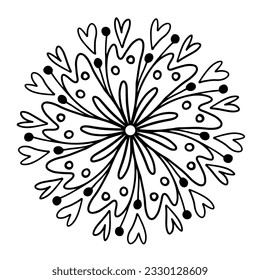 Isolated floral mandala with hearts elements. Black and white vector illustration for coloring book. Also suitable for logo design.