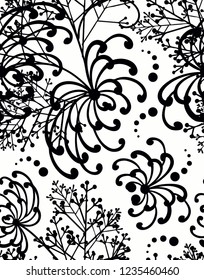 Isolated floral seamless pattern, black decorative print on white background. - Vector