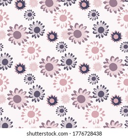 Isolated floral seamless pattern with daisy flowers. Botanic elements in purple and lilac tones on white background. Designed for textile, wrapping paper, fabric print. Vector illustration.