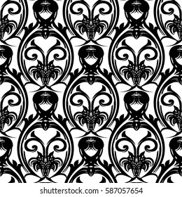 Isolated  floral seamless pattern. Damask wallpaper illustration with black vintage flowers, leaves and antique baroque  ornaments on the white background. Luxury vector texture for textile, fabric.