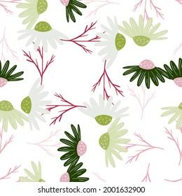 Patrón sin costuras floral aislado con flores de elementos caléndulos aleatorios. Obra de arte de color verde y rosa. Diseñado para el diseño de tejidos, impresión textil, envoltura, cubierta. Ilustración vectorial.
