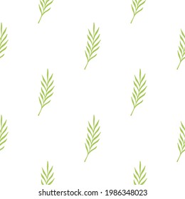 Isolated floral seamless pattern with simple style green leaves branches silhouettes on white background. Stock illustration. Vector design for textile, fabric, giftwrap, wallpapers.