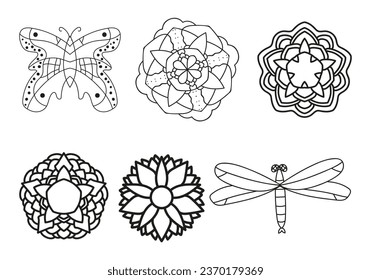 isolated floral set of hand drawn butterfly,dragonfly