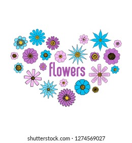 Isolated floral vector set. Hand drawn lineart flower illustrations collection, blue and purple on white background