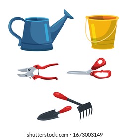 Isolated florist tool and garden accessory set. Floral equipment objects on white background. Watering can, bucket, scissors, pruner, gardening shovel rake. Vector illustration