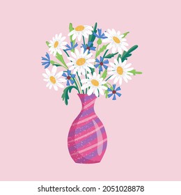 Isolated flower bouquets in wrapping and blooming plant. chamomile and daisies cornflowers wildflowers composition. Decorative florist shop item pink background
