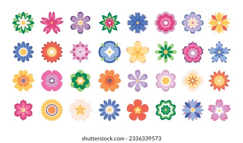 Isolated flower color pictogram, flat flowers motifs. Floral icons, stylized blossom elements with petals. Minimalistic seasonal racy vector set