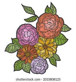 Isolated flower composition. Sketch color scratch board imitation.