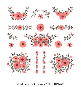 Isolated flower elements with branch and leaves. Vector bouquet and decorative object. Blooming floral material for graphic design.