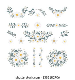 Isolated flower elements with branch and leaves. Vector bouquet and decorative object. Blooming floral material for graphic design.