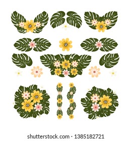 Isolated flower elements with branch and leaves. Vector bouquet and decorative object. Blooming floral material for graphic design.