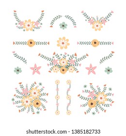 Isolated flower elements with branch and leaves. Vector bouquet and decorative object. Blooming floral material for graphic design.