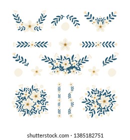 Isolated flower elements with branch and leaves. Vector bouquet and decorative object. Blooming floral material for graphic design.