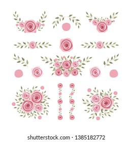 Isolated flower elements with branch and leaves. Vector bouquet and decorative object. Blooming floral material for graphic design.