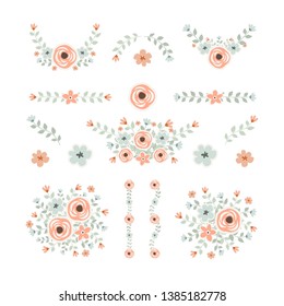 Isolated flower elements with branch and leaves. Vector bouquet and decorative object. Blooming floral material for graphic design.