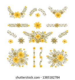 Isolated flower elements with branch and leaves. Vector bouquet and decorative object. Blooming floral material for graphic design.
