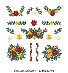 Isolated flower elements with branch and leaves. Vector bouquet and decorative object. Blooming floral material for graphic design.