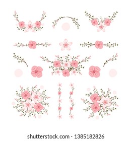 Isolated flower elements with branch and leaves. Vector bouquet and decorative object. Blooming floral material for graphic design.