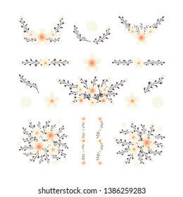 Isolated flower elements with branch and leaves. Vector bouquet and decorative object. Blooming floral material for graphic design.