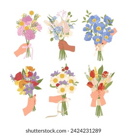 Isolated flowers bouquets romantic gift in human hands for congratulation and greeting on holiday