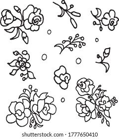 Isolated FLOWERS, hand drawn. Black and white. Vector EPS 10.Use for print on invitations, wallpaper, textiles, greeting cards, fabric, t-shirt, dishes, decor, postcard, wrappers, packaging