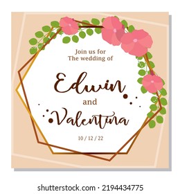 Isolated Flowers Hexagon Wedding Names Invitation Vector Illustration