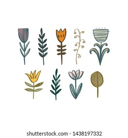 Isolated flowers and plants in scandinavian style. Summer or spring motive. Vector illustration.