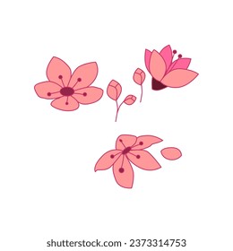 Isolated flowers of sakura set. Cartoon pink blossoms of Japanese cherry tree. Vector clip art illustration.