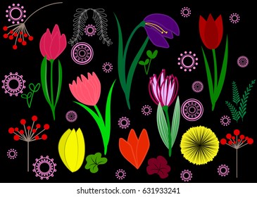  isolated flowers set on a black background. flat design. colorful spring floral elements.