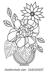 Isolated flowers in a vase on a white backdrop. A coloring book, an outline drawing, and a line artwork are all examples of outline paintings.