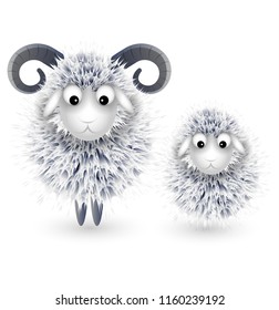 Isolated fluffy funny vector white grey sheep illustration