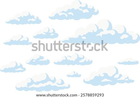 Isolated fluffy white cumulus clouds, scattered. Multiple cloudy formations float at different heights, dynamic composition with varied shapes and sizes in tranquil daytime scene.

