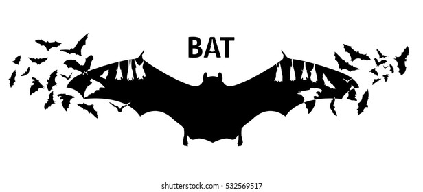 Isolated Flying bat silhouettes with double exposure effect and the bats on the background