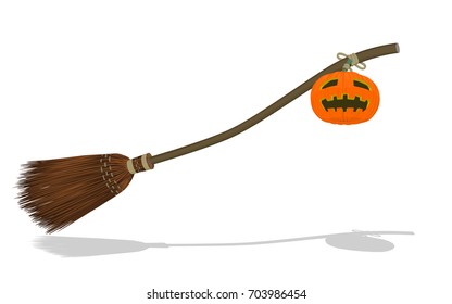 Isolated flying broom and the Jack-o'-lantern on transparent background
