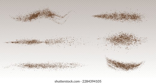 Isolated flying cocoa powder top view on transparent background. Brown coffee dust particles vector texture. 3d arabica granule explode illustration. Realistic caffeine grainy stroke design template