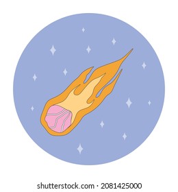 isolated flying comet, space emblem, icon in flat style in bright colors