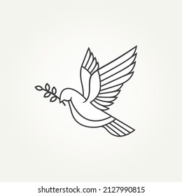 isolated flying dove or pigeon holding olive branch line art simple icon template vector illustration design. minimalist pacifism, peace maker, symbol of peace concept