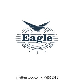 Isolated flying eagle silhouette vector logo. Bird with spead wings. American symbol. Wild nature element. Blue and white color label. Animal logotype.