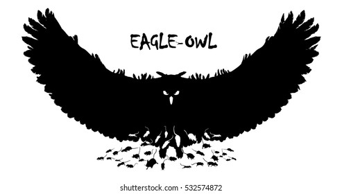 Isolated Flying eagle-owl silhouettes with double exposure effect and the running mouses on the background