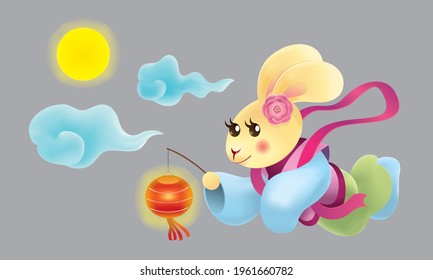 An isolated flying rabbit goddess. With a full moon and clouds.